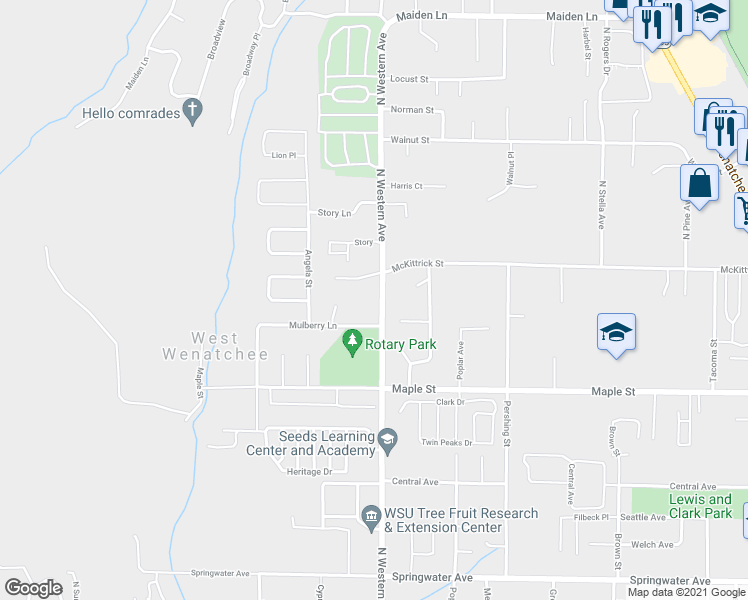 map of restaurants, bars, coffee shops, grocery stores, and more near 1510 North Western Avenue in Wenatchee
