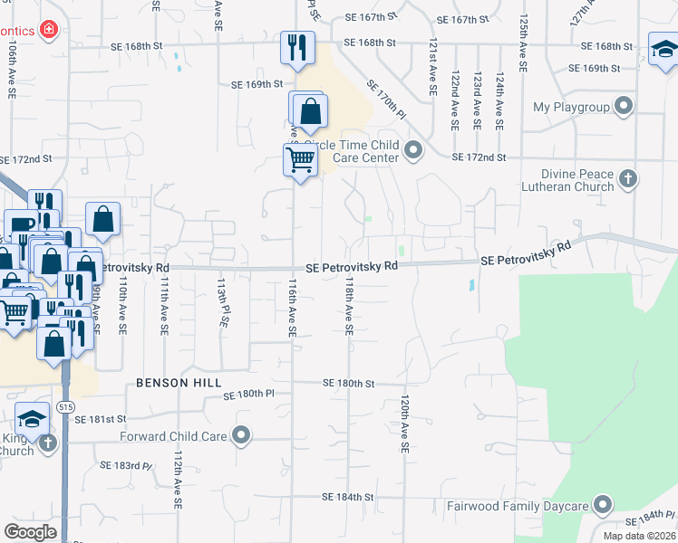 map of restaurants, bars, coffee shops, grocery stores, and more near 11725 Southeast Petrovitsky Road in Renton