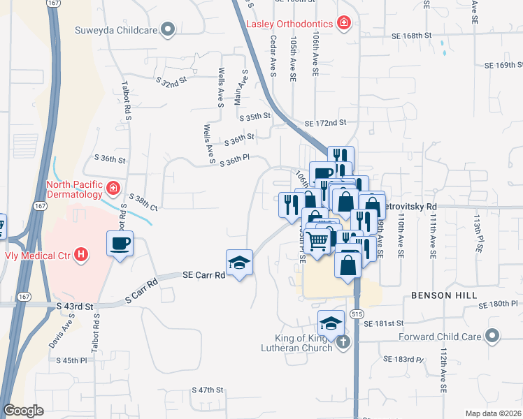 map of restaurants, bars, coffee shops, grocery stores, and more near 3851 Mill Avenue South in Renton