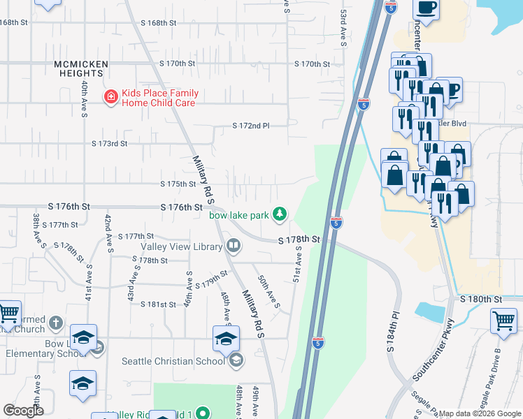 map of restaurants, bars, coffee shops, grocery stores, and more near 17726 50th Court South in SeaTac