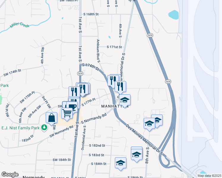 map of restaurants, bars, coffee shops, grocery stores, and more near 17431 Ambaum Blvd S in Burien