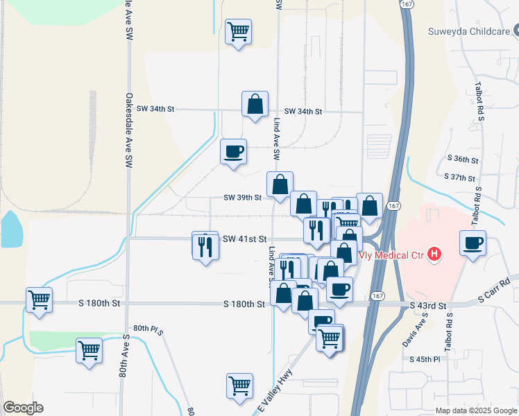map of restaurants, bars, coffee shops, grocery stores, and more near 501 Southwest 39th Street in Renton