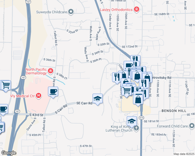 map of restaurants, bars, coffee shops, grocery stores, and more near 3851 Mill Avenue South in Renton