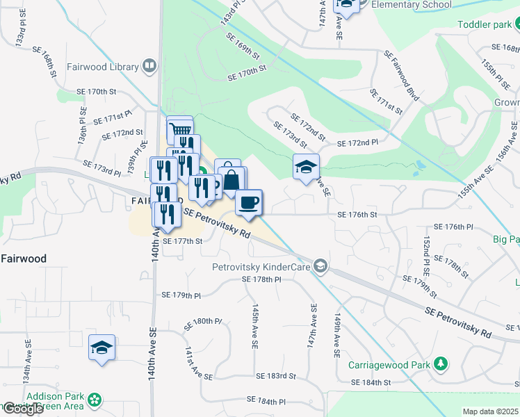 map of restaurants, bars, coffee shops, grocery stores, and more near 14410 Southeast Petrovitsky Road in Renton