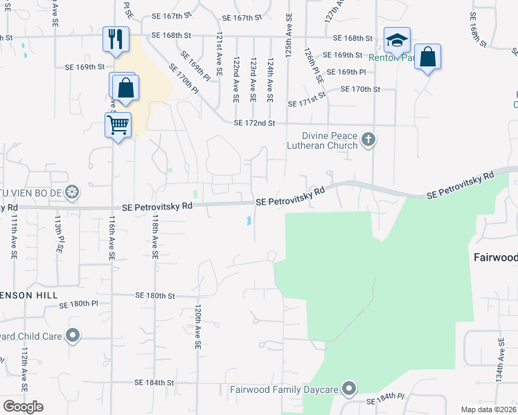 map of restaurants, bars, coffee shops, grocery stores, and more near 12217 Southeast Petrovitsky Road in Renton