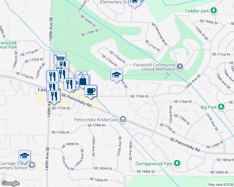 map of restaurants, bars, coffee shops, grocery stores, and more near 14600 Southeast 176th Street in Renton
