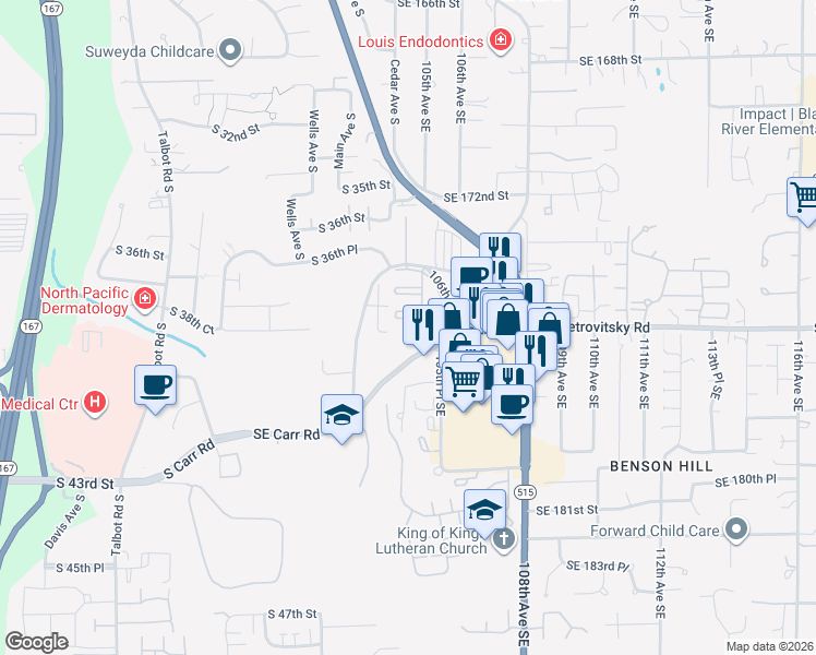 map of restaurants, bars, coffee shops, grocery stores, and more near 10436 Southeast Carr Road in Renton