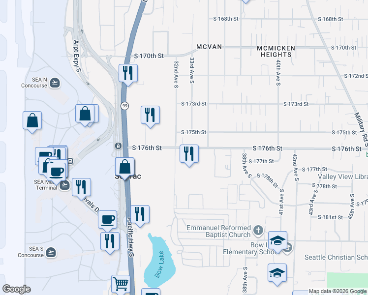 map of restaurants, bars, coffee shops, grocery stores, and more near 3210 South 176th Street in SeaTac