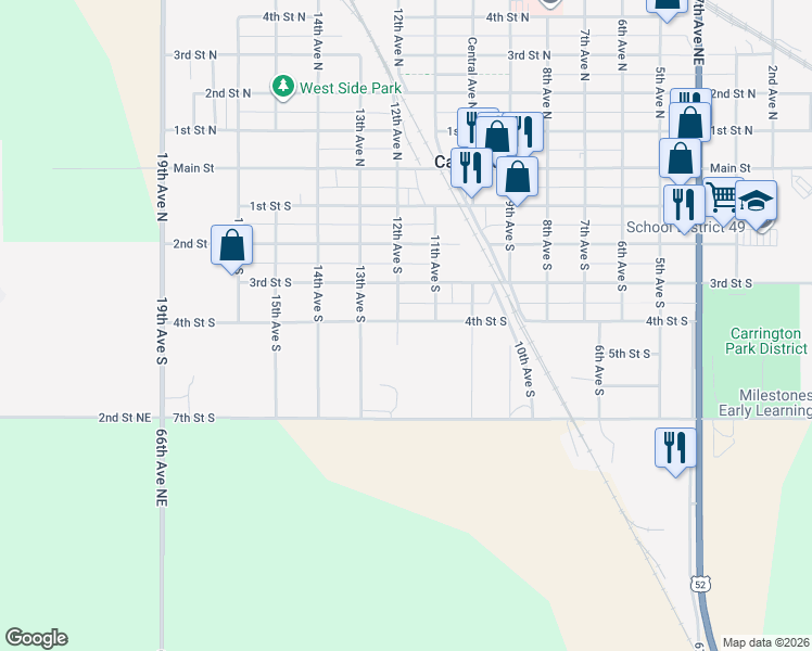 map of restaurants, bars, coffee shops, grocery stores, and more near 1100-1198 4th Street South in Carrington