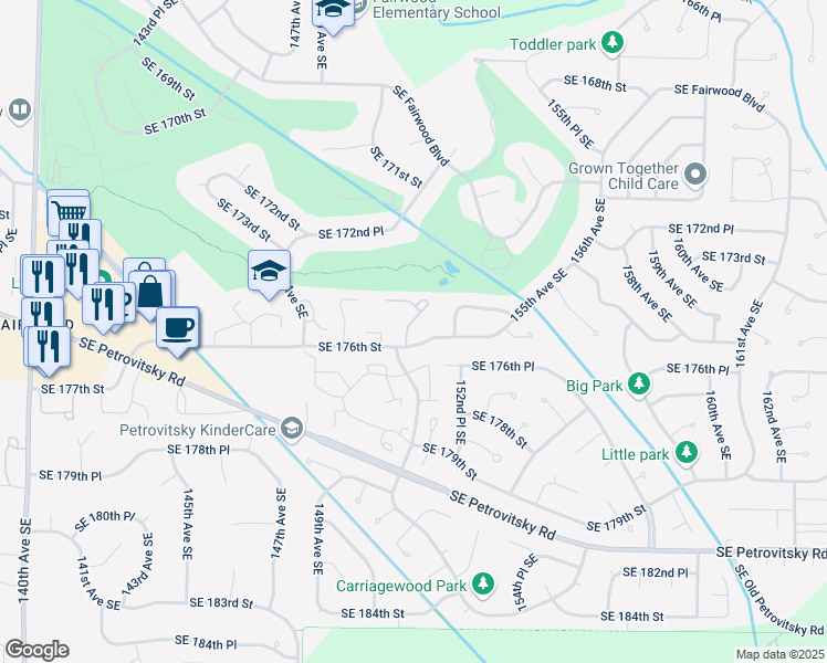 map of restaurants, bars, coffee shops, grocery stores, and more near 15127 Southeast 176th Street in Renton