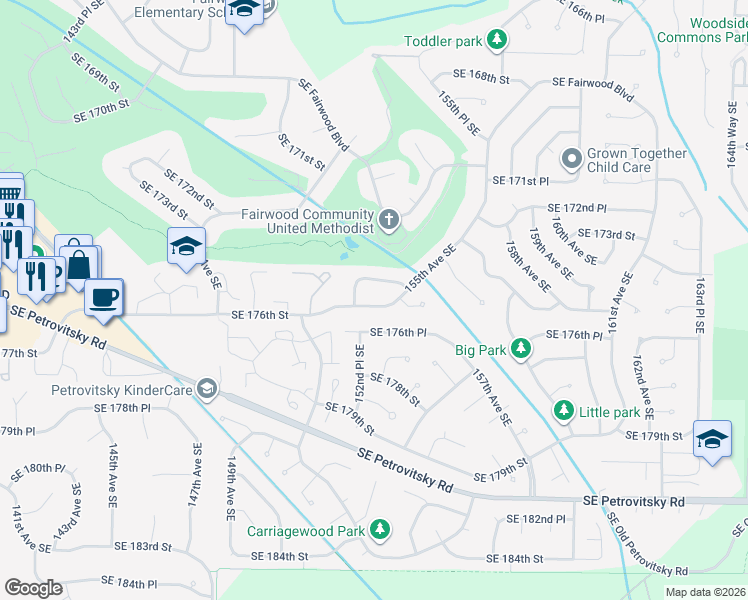 map of restaurants, bars, coffee shops, grocery stores, and more near 15217 Southeast 176th Street in Renton