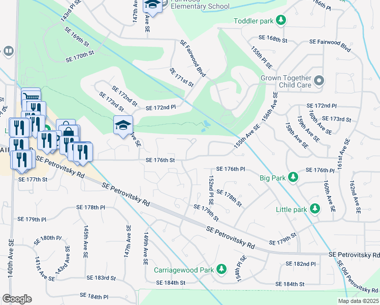 map of restaurants, bars, coffee shops, grocery stores, and more near 15127 Southeast 176th Street in Renton