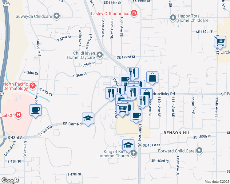 map of restaurants, bars, coffee shops, grocery stores, and more near 10436 Southeast Carr Road in Renton