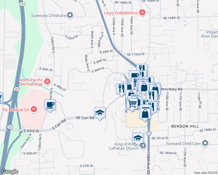 map of restaurants, bars, coffee shops, grocery stores, and more near 3851 Mill Avenue South in Renton