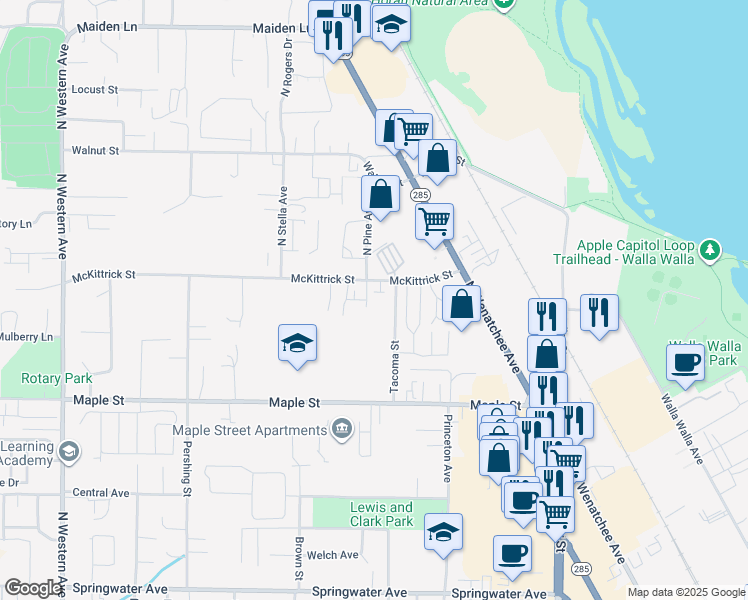 map of restaurants, bars, coffee shops, grocery stores, and more near 1517 North Pine Avenue in Wenatchee
