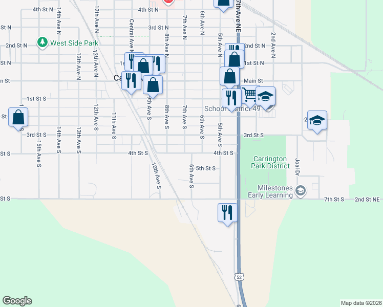 map of restaurants, bars, coffee shops, grocery stores, and more near 401 6th Avenue South in Carrington