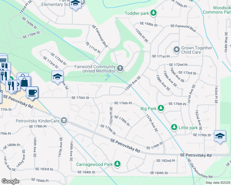 map of restaurants, bars, coffee shops, grocery stores, and more near 15217 Southeast 176th Street in Renton