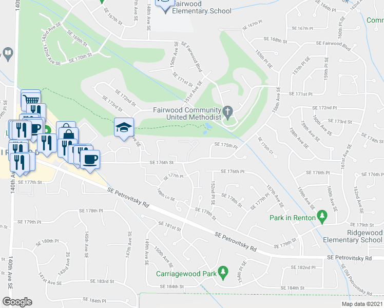 map of restaurants, bars, coffee shops, grocery stores, and more near 17534 151st Avenue Southeast in Renton