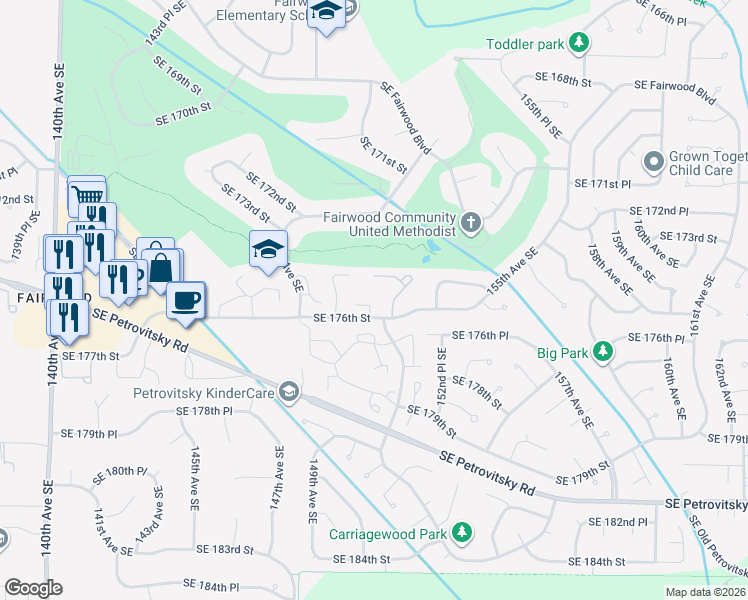 map of restaurants, bars, coffee shops, grocery stores, and more near 17533 151st Avenue Southeast in Renton