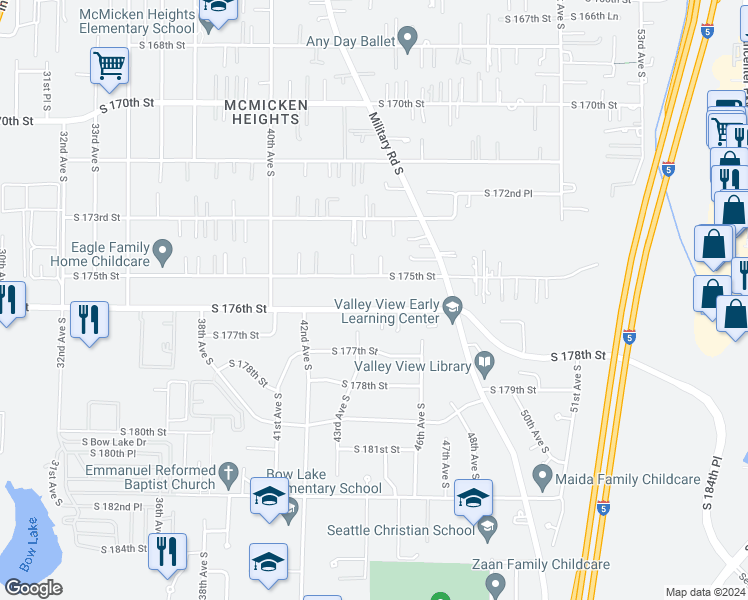 map of restaurants, bars, coffee shops, grocery stores, and more near 4404 South 176th Street in SeaTac