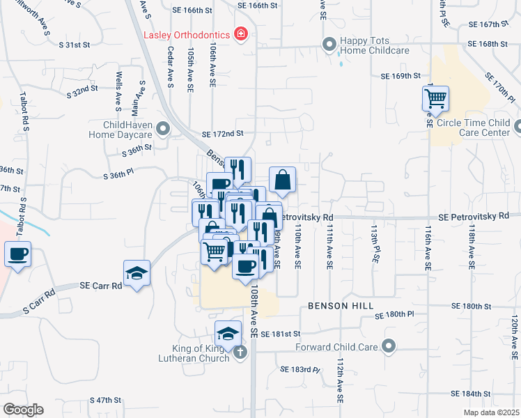 map of restaurants, bars, coffee shops, grocery stores, and more near 10825 Southeast Petrovitsky Road in Renton