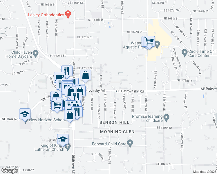 map of restaurants, bars, coffee shops, grocery stores, and more near 17608 111th Avenue Southeast in Renton