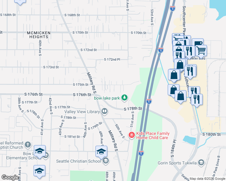 map of restaurants, bars, coffee shops, grocery stores, and more near 17726 50th Court South in SeaTac