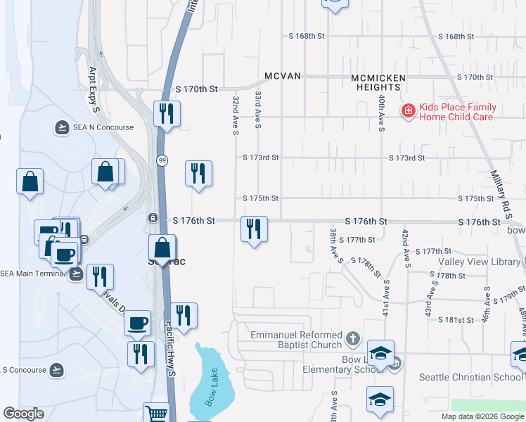 map of restaurants, bars, coffee shops, grocery stores, and more near 3351 South 175th Street in SeaTac