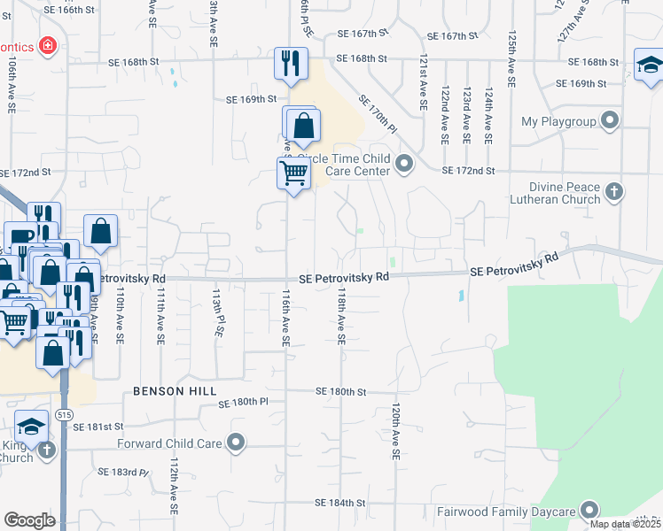 map of restaurants, bars, coffee shops, grocery stores, and more near 11725 Southeast Petrovitsky Road in Renton