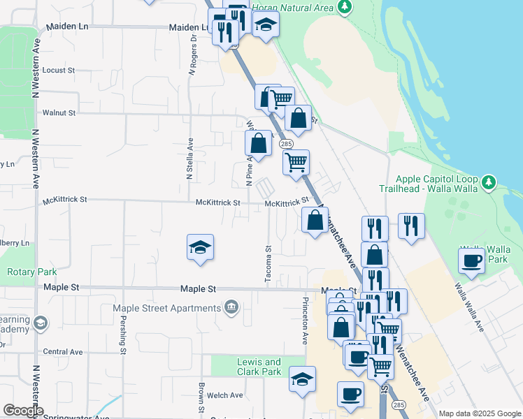 map of restaurants, bars, coffee shops, grocery stores, and more near 1517 North Pine Avenue in Wenatchee