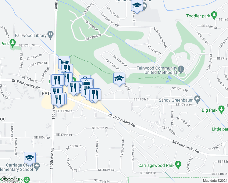 map of restaurants, bars, coffee shops, grocery stores, and more near 14600 Southeast 176th Street in Renton