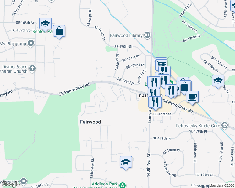 map of restaurants, bars, coffee shops, grocery stores, and more near 17600 134th Avenue Southeast in Renton