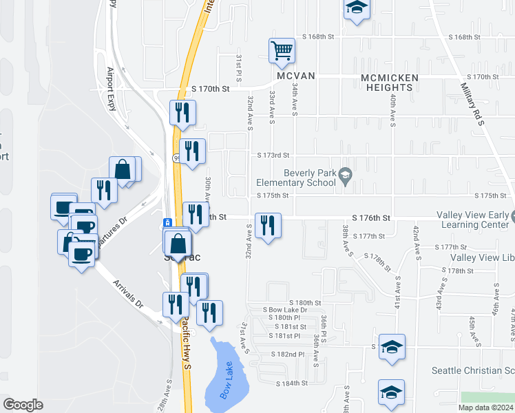 map of restaurants, bars, coffee shops, grocery stores, and more near 3200 South 176th Street in SeaTac