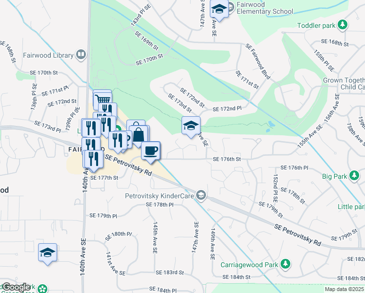 map of restaurants, bars, coffee shops, grocery stores, and more near 14600 Southeast 176th Street in Renton