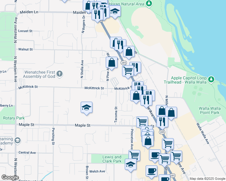 map of restaurants, bars, coffee shops, grocery stores, and more near 1225 McKittrick Street in Wenatchee