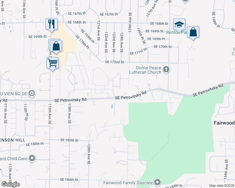 map of restaurants, bars, coffee shops, grocery stores, and more near 12316 Southeast Petrovitsky Road in Renton