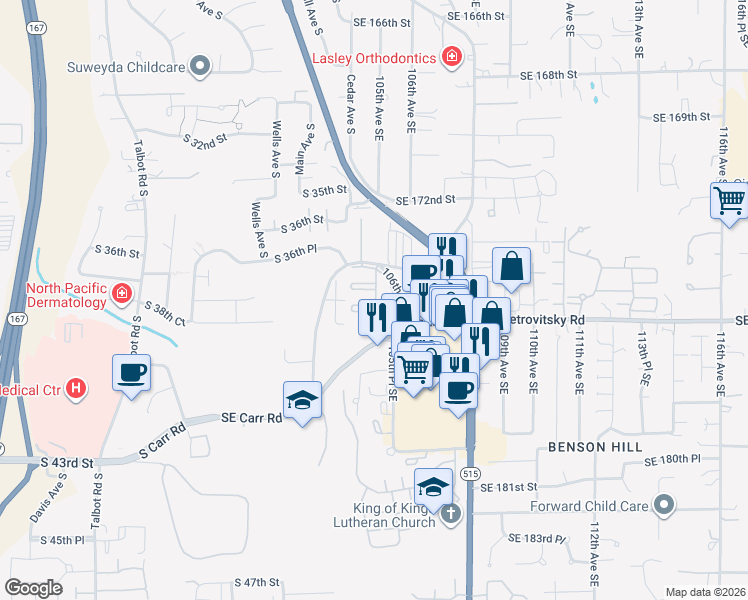 map of restaurants, bars, coffee shops, grocery stores, and more near 17420 106th Place Southeast in Renton