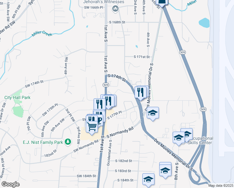 map of restaurants, bars, coffee shops, grocery stores, and more near 17431 Ambaum Boulevard South in Seattle