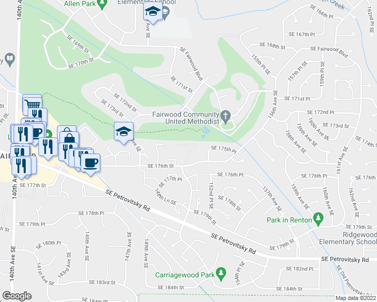 map of restaurants, bars, coffee shops, grocery stores, and more near 17529 151st Avenue Southeast in Renton
