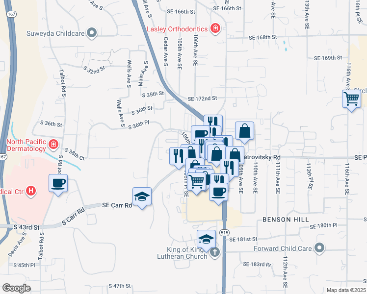 map of restaurants, bars, coffee shops, grocery stores, and more near 10415 Southeast 174th Street in Renton