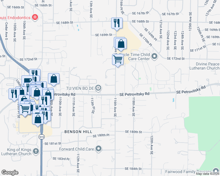 map of restaurants, bars, coffee shops, grocery stores, and more near 11543 Southeast 175th Street in Renton