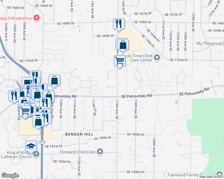 map of restaurants, bars, coffee shops, grocery stores, and more near 11543 Southeast 175th Street in Renton