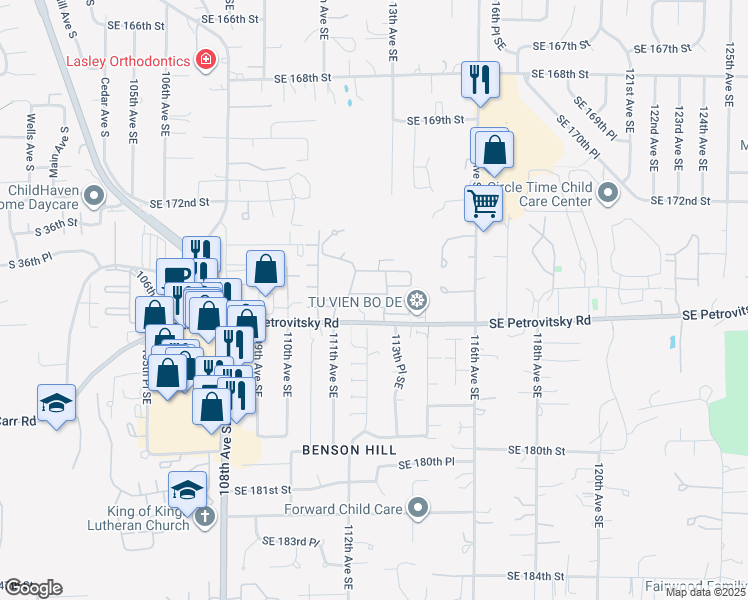 map of restaurants, bars, coffee shops, grocery stores, and more near 11100 Southeast Petrovitsky Road in Renton