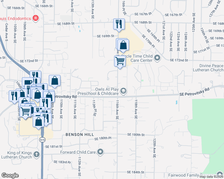 map of restaurants, bars, coffee shops, grocery stores, and more near 11503 Southeast 173rd Street in Renton