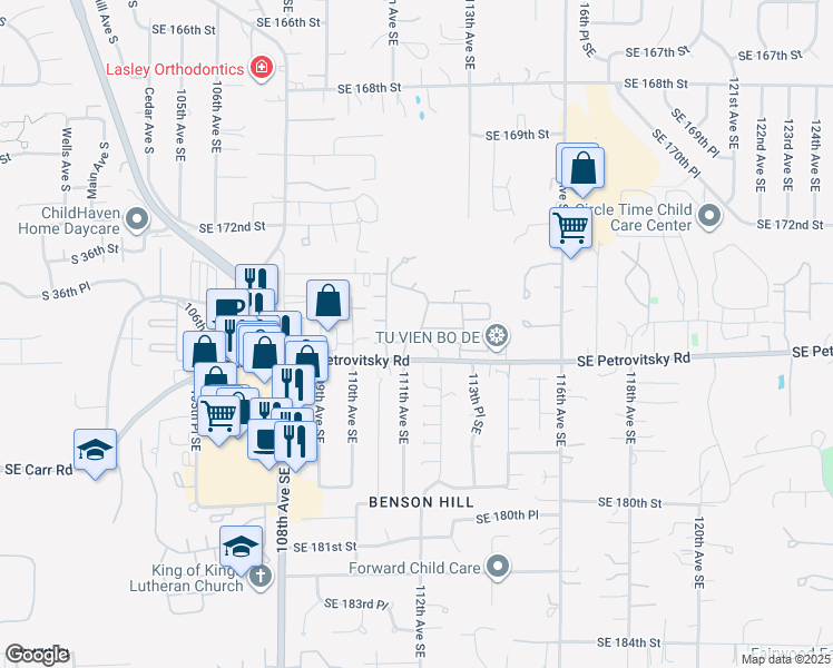 map of restaurants, bars, coffee shops, grocery stores, and more near 11100 Southeast Petrovitsky Road in Renton