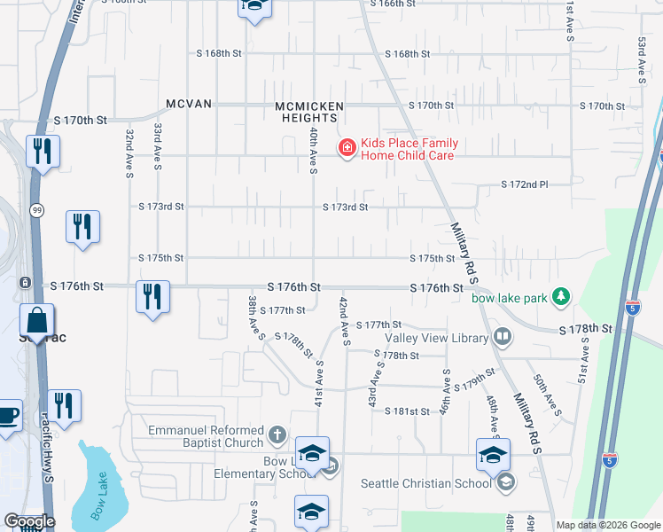 map of restaurants, bars, coffee shops, grocery stores, and more near 4034 South 175th Street in SeaTac