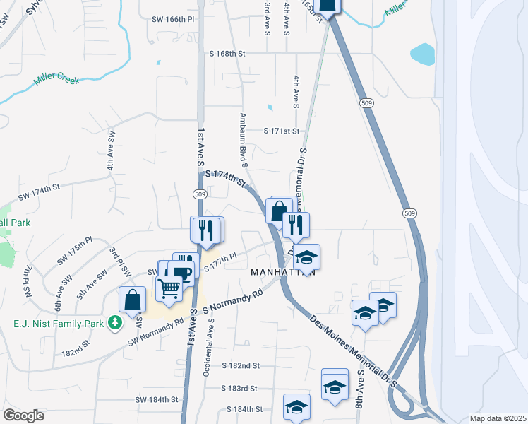 map of restaurants, bars, coffee shops, grocery stores, and more near 17430 Ambaum Boulevard South in Seattle