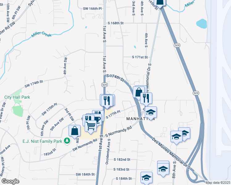 map of restaurants, bars, coffee shops, grocery stores, and more near 17431 Ambaum Boulevard South in Seattle