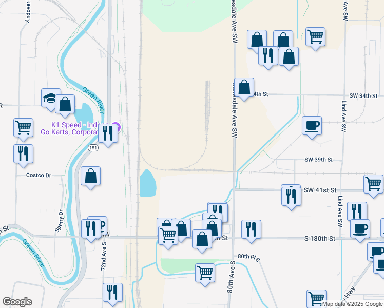 map of restaurants, bars, coffee shops, grocery stores, and more near 3806 Southwest 38th Street in Renton