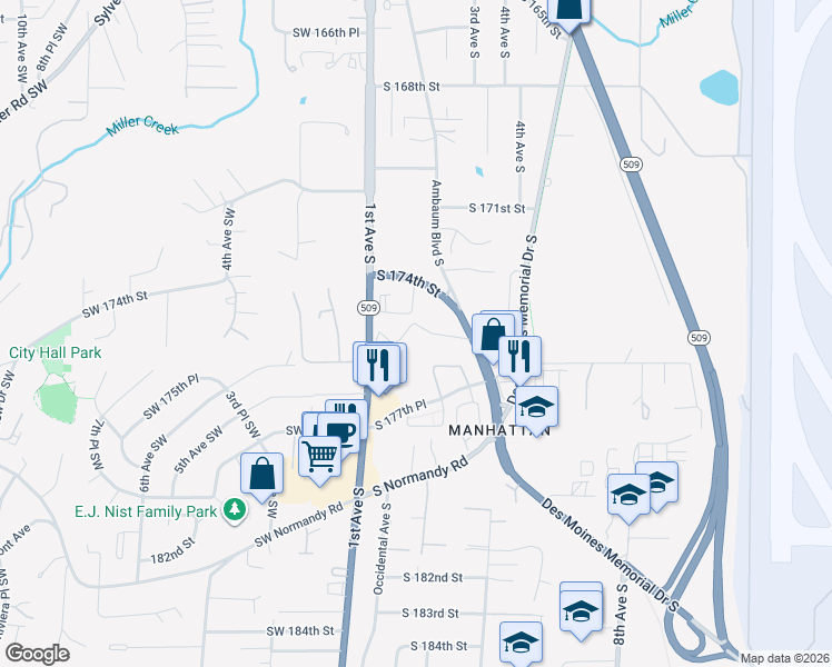 map of restaurants, bars, coffee shops, grocery stores, and more near 121 South 174th Street in Burien
